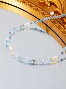 1 Ngọc Trai Tự Nhiên & Aquamarine Tự Nhiên Cắt Hạt Trang Trí Vòng Chân Nữ - Màu xanh nhạt - Xem 4