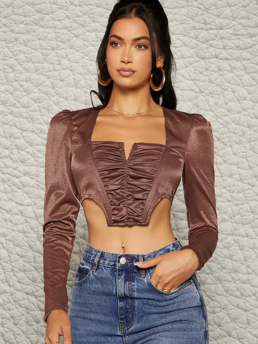 Notch Neck Ruched Bust Top, Going Out Top - Coffee Brown - View 1