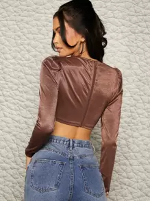 Notch Neck Ruched Bust Top, Going Out Top - Coffee Brown - View 2