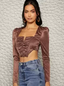 Notch Neck Ruched Bust Top, Going Out Top - Coffee Brown - View 3