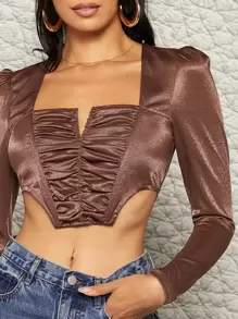 Notch Neck Ruched Bust Top, Going Out Top - Coffee Brown - View 4