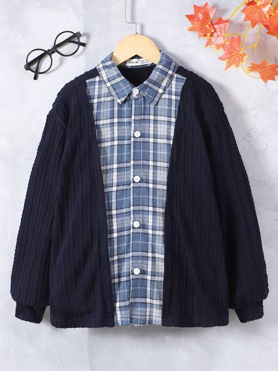 Boys Contrast Plaid Drop Shoulder 2 In 1 Coat - Navy Blue - View 1