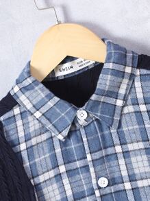 Boys Contrast Plaid Drop Shoulder 2 In 1 Coat - Navy Blue - View 3