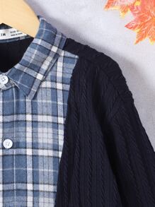 Boys Contrast Plaid Drop Shoulder 2 In 1 Coat - Navy Blue - View 4