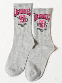 Letter Graphic Crew Socks - Light Grey - View 1