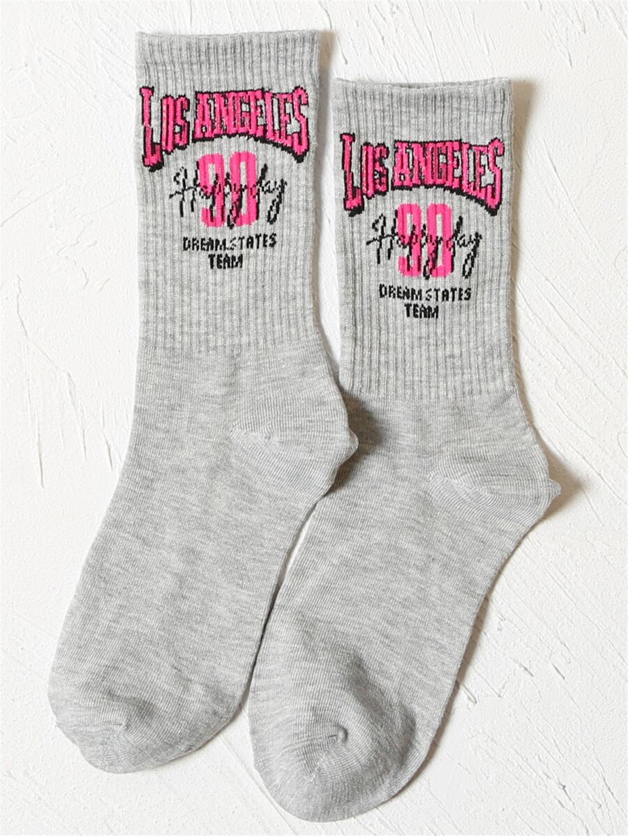 Letter Graphic Crew Socks - Light Grey - View 1