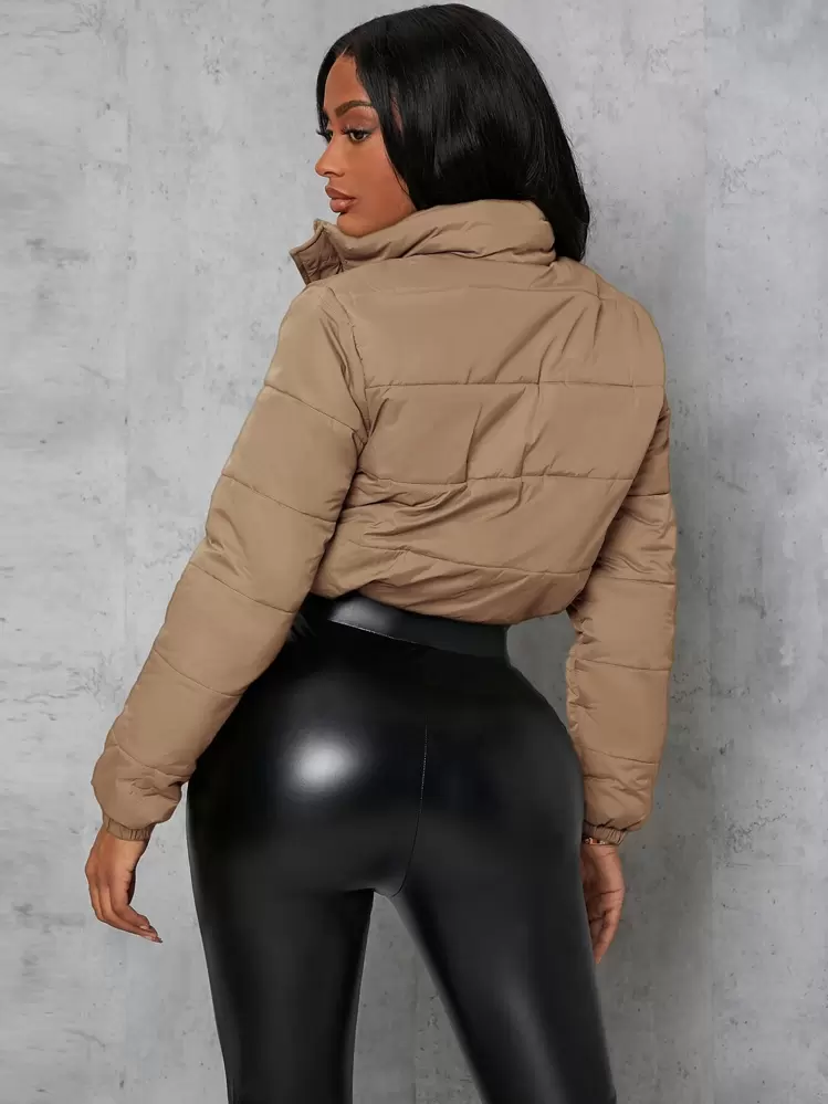 SHEIN SXY Abrigo corto acolchado con cremallera y cordón, informal para finales de otoño para damas, manga regular, cuello de embudo, corte regular, color caqui liso, abrigos de mujer para el invierno, abrigo de invierno/ moda de invierno - Caqui - Añade 2