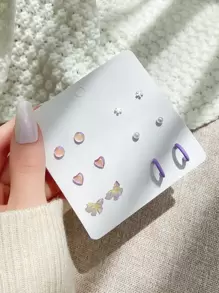 6對愛心和人造珍珠裝飾耳環 - 彩色 - 查看 1