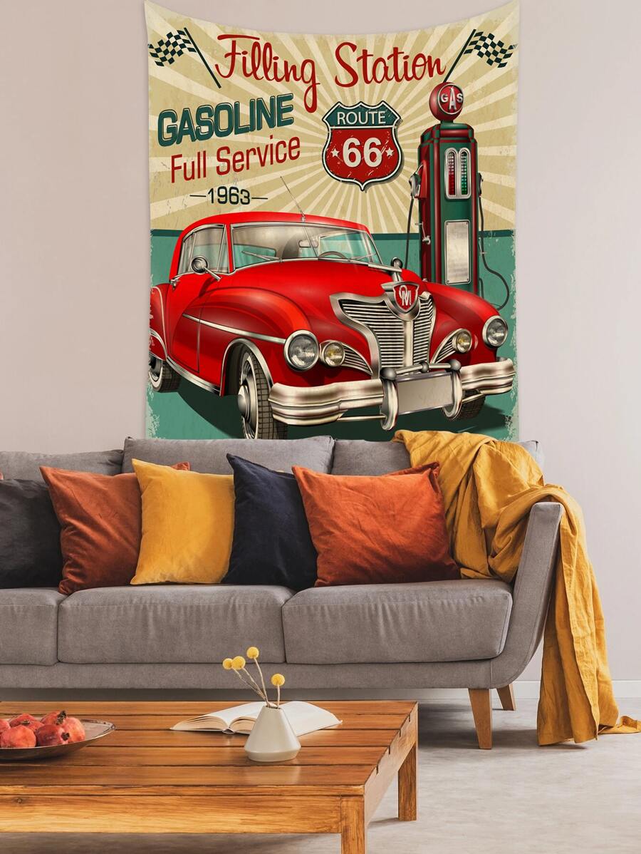 Car & Slogan Graphic Tapestry - Multicolor - View 1