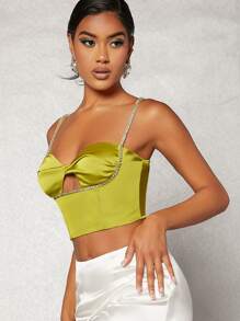 SHEIN BAE Cami Top mit Ausschnitt, Strass, Kette, Gurt, Twist vorne, Satin - Olivgrün - Übersicht 3