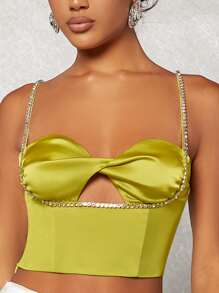 SHEIN BAE Cami Top mit Ausschnitt, Strass, Kette, Gurt, Twist vorne, Satin - Olivgrün - Übersicht 4