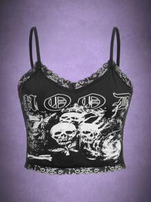 ROMWE Goth Letter Skull Graphic Contrast Lace Ribbed Cami - Black - View 1