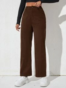 SHEIN PETITE 素色燈芯絨直筒褲 - 咖啡棕 - 查看 1