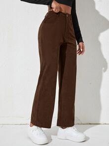SHEIN PETITE 素色燈芯絨直筒褲 - 咖啡棕 - 查看 3