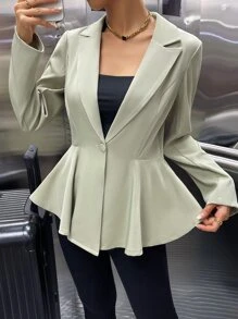 西裝領單釦荷葉邊下擺西裝外套 - 薄荷綠 - 查看 5