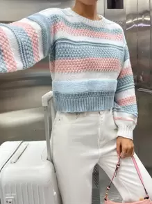 SHEIN Unity Áo len cổ trễ phối màu, tay dài, kiểu dáng chui đầu, thích hợp cho mùa thu đông. - Nhiều màu - Xem 7