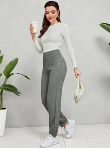 Mulvari 素色麻花編織長褲 - 灰色 - 查看 3