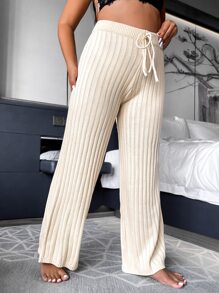 SHEIN LUNE Plus Tie Waist Wide Leg Knit Trousers - Beige - View 5