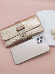 MINGYOU 金属鳄鱼压纹超薄便携现金白领女性大学工作商务通勤办公室周年纪念情侣生日礼物情人节礼物女士钱包钱包长款钱包 - 金色 - 查看 6