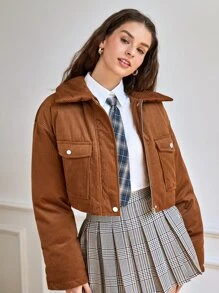 SHEIN Qutie Drop Shoulder Flap Pocket Padded Coat - Brown - View 1