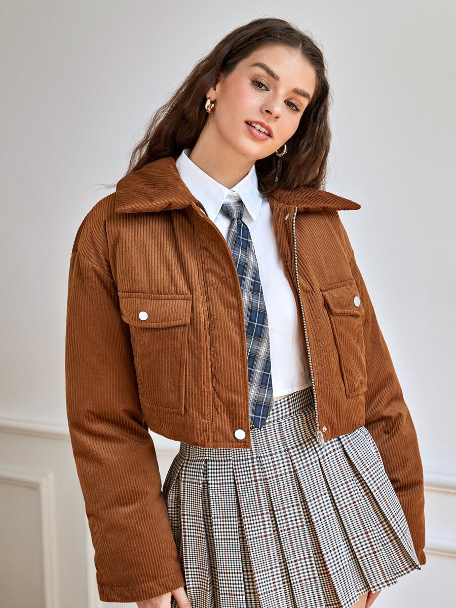 SHEIN Qutie Drop Shoulder Flap Pocket Padded Coat - Brown - View 1