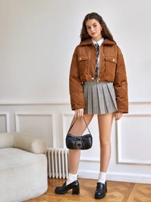 SHEIN Qutie Drop Shoulder Flap Pocket Padded Coat - Brown - View 3