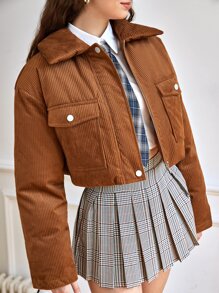 SHEIN Qutie Drop Shoulder Flap Pocket Padded Coat - Brown - View 4