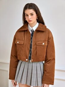 SHEIN Qutie Drop Shoulder Flap Pocket Padded Coat - Brown - View 5