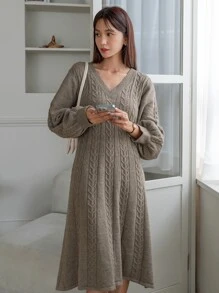 DAZY Cable Knit Jumper Dress - Khaki - View 4