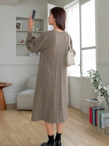 DAZY Cable Knit Jumper Dress - Khaki - View 2