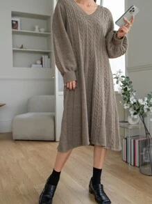 DAZY Cable Knit Jumper Dress - Khaki - View 3