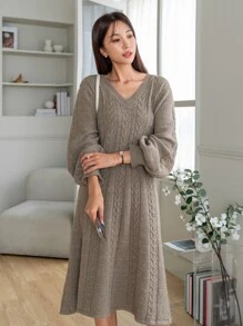 DAZY Cable Knit Jumper Dress - Khaki - View 5