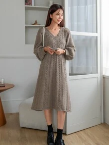 DAZY Cable Knit Jumper Dress - Khaki - View 6