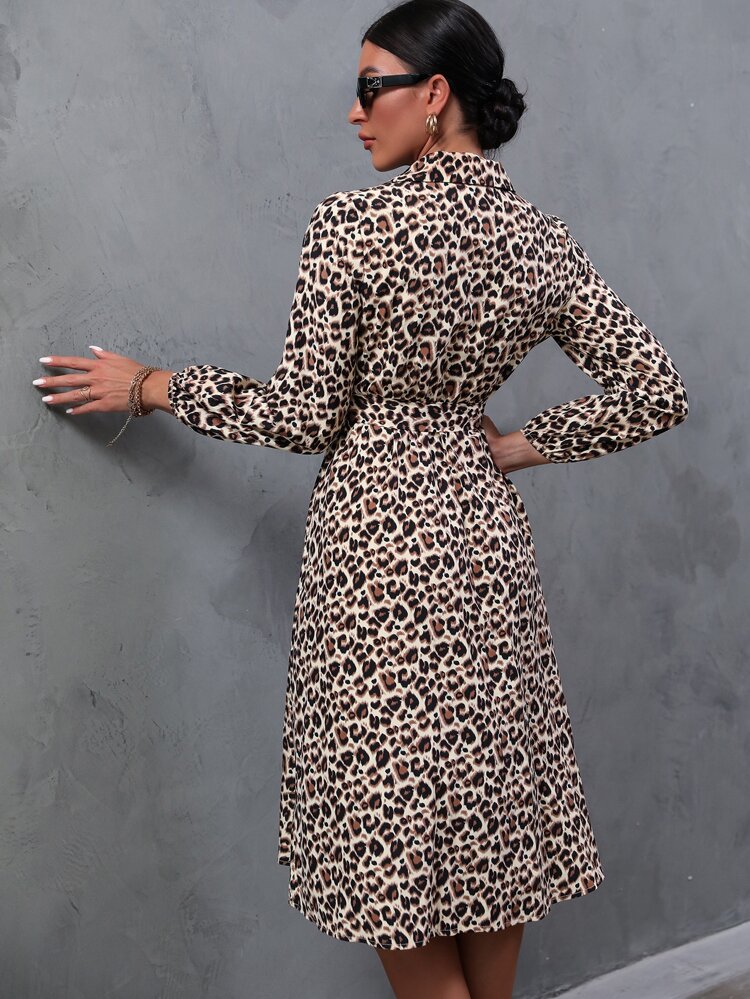 Leopard Print Belted Shirt Dress Maxi Women Outfit Fall Cloth For Women