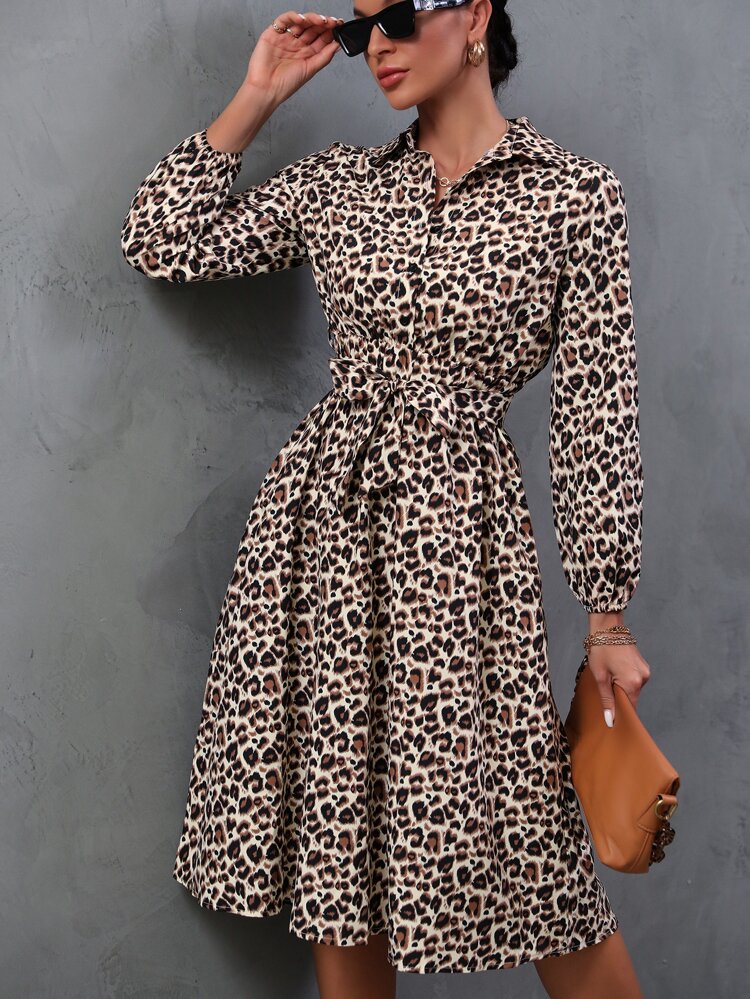 Leopard Print Belted Shirt Dress Maxi Women Outfit Fall Cloth For Women
