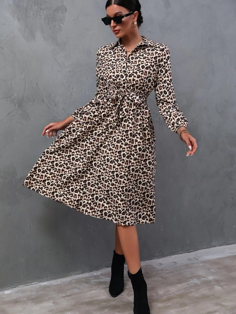 Leopard Print Belted Shirt Dress Maxi Women Outfit Fall Cloth For Women