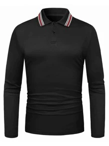 Manfinity Men Contrast Striped Collar Polo Shirt - Black - View 4