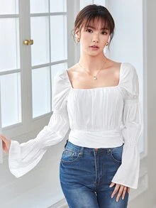 Solid Puff Sleeve Ruched Bust Overlap Hem Crop Blouse - White - View 1