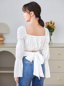 Solid Puff Sleeve Ruched Bust Overlap Hem Crop Blouse - White - View 2
