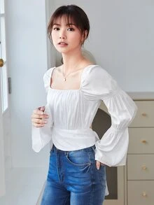 Solid Puff Sleeve Ruched Bust Overlap Hem Crop Blouse - White - View 3