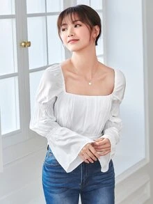 Solid Puff Sleeve Ruched Bust Overlap Hem Crop Blouse - White - View 5