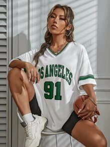 SHEIN Unity Áo thun họa tiết sọc chữ thả vai Áo thun họa tiết nữ - Nhiều màu - Xem 5