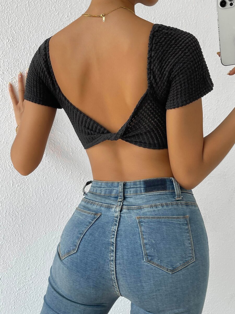 SHEIN Essnce Áo nữ Lộ Lưng xoắn lại màu trơn Gợi cảm - màu đen - Xem 1