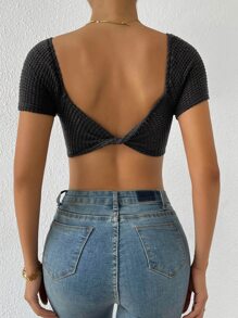 SHEIN Essnce Áo nữ Lộ Lưng xoắn lại màu trơn Gợi cảm - màu đen - Xem 2