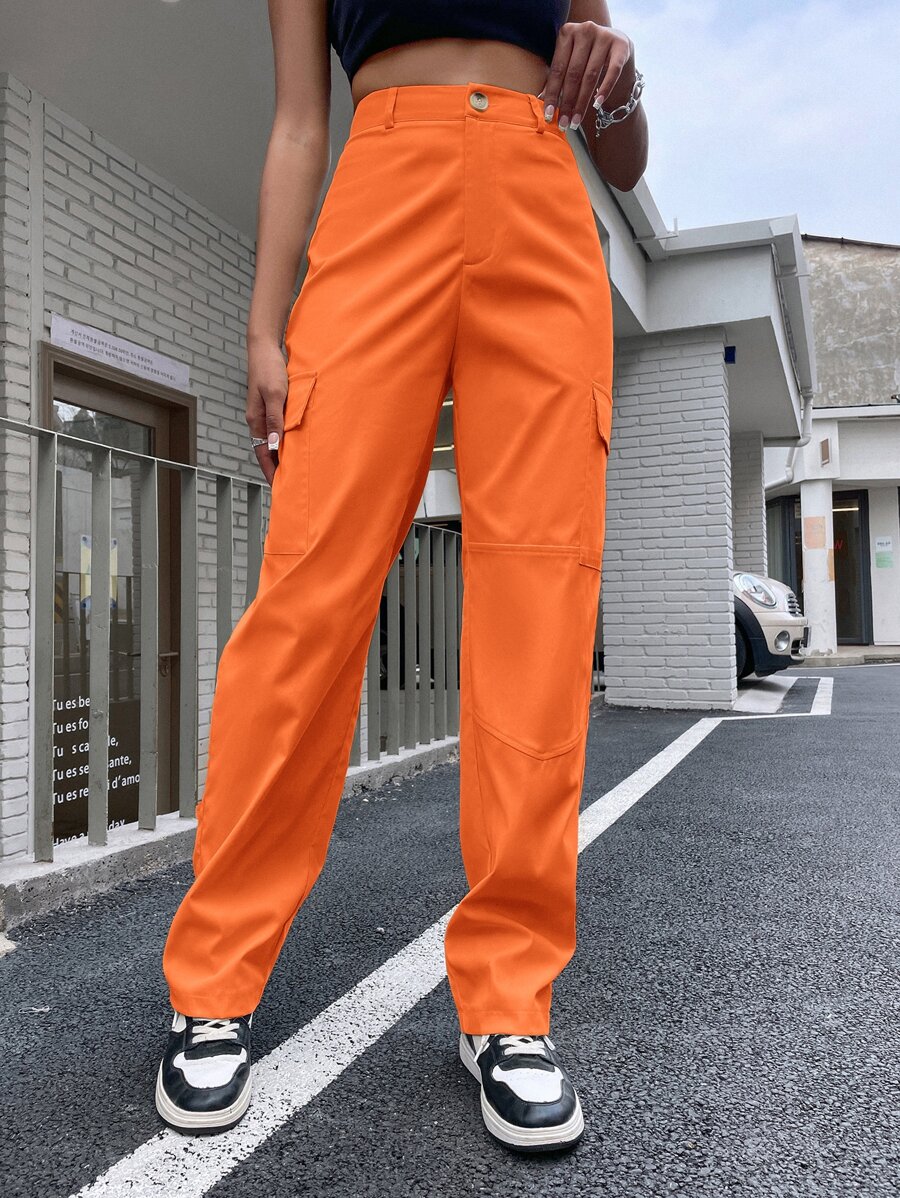 SHEIN Unity High Waist Flap Pocket Cargo Trousers - Orange - View 1