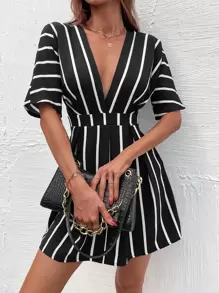 Chiquease 條紋圖案深V領A字連衣裙 - 黑色 - 查看 6