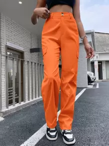 SHEIN Unity High Waist Flap Pocket Cargo Trousers - Orange - View 3