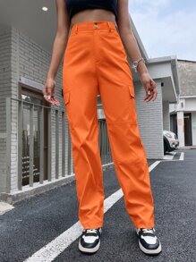SHEIN Unity High Waist Flap Pocket Cargo Trousers - Orange - View 4