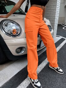 SHEIN Unity High Waist Flap Pocket Cargo Trousers - Orange - View 5