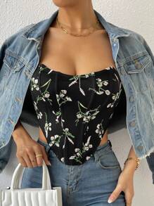 SHEIN Privé Áo nữ Bất đối xứng Lộ Lưng Ren lên Buộc lại Hoa Boho - màu đen - Xem 2